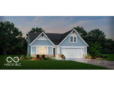 Craftsman style home with blue siding, white trim, and a two-car garage at 6434 Stone Side Dr, Plainfield, IN 46168