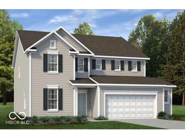 Two-story house with gray siding, black shutters, and a two-car garage at 359 N Grand Oak Dr, Mooresville, IN 46158