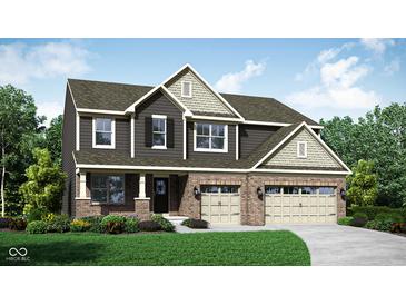 New two-story home with brick and siding, large garage, and professionally landscaped front yard at 9113 Rockville Pl, McCordsville, IN 46055