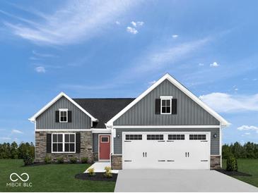 Charming single-Gathering home featuring stone accents, a two-car garage, and a well-manicured lawn at 1202 Brightwood Cir, Greenfield, IN 46140