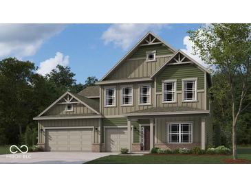 Two-story home showcasing board and batten siding with white trim and three-car garage at 9131 Steinbeck Ln, Indianapolis, IN 46239