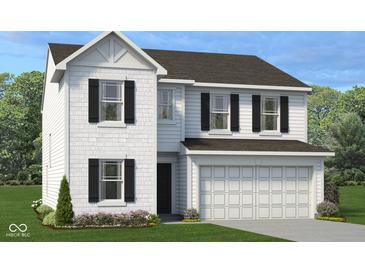 Charming two-story home with white siding, dark shutters, an attached two-car garage, and neatly landscaped front yard at 1942 Black Oak Dr, Shelbyville, IN 46176