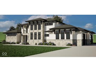 Beautiful two-story home with stone and stucco, dark trim windows, and a well-manicured lawn at 4094 Chapel Hill Ct, Bargersville, IN 46106