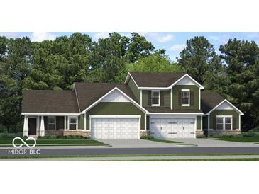 New construction home with a traditional facade, three-car garage, and well-kept lawn at 275 Hunters Ridge Dr, Danville, IN 46122