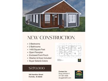 Charming new construction features a covered porch, gray siding and appealing architectural details at 306 Hamilton St, Fortville, IN 46040