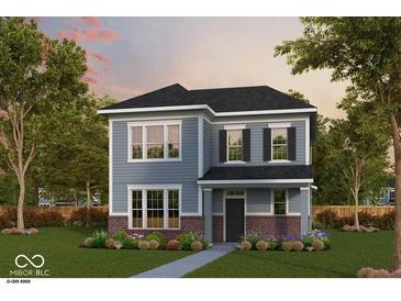 Charming two-story home with blue siding, black shutters, brick accents, and a well-manicured lawn at 12015 Jeff Ct, Noblesville, IN 46060