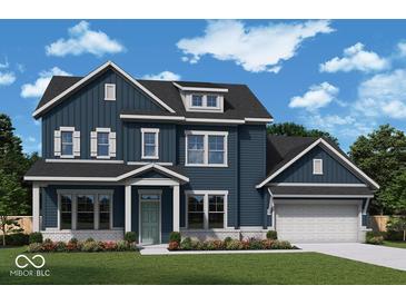 Charming two-story home featuring blue siding, white trim, and a well-manicured lawn at 15810 Vitalize Run, Fishers, IN 46040