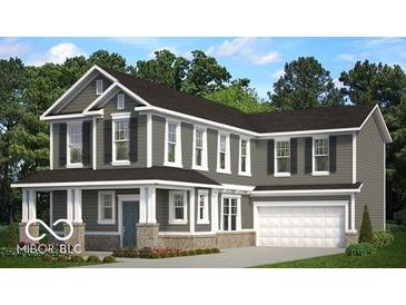 Charming two-story home with gray siding, white trim, covered porch, and an attached two-car garage at 15982 Meadow Frost Ct, Fishers, IN 46037