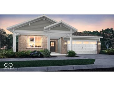 Charming single-story home featuring a brick facade, covered porch, and a two-car garage, set against a serene evening sky at 5035 Astor Ct, McCordsville, IN 46055