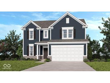 Charming two-story home featuring a two-car garage, dark siding and well manicured lawn and landscape at 4738 E Shadowbrook Dr, Camby, IN 46113