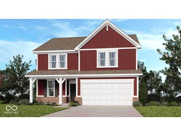 Charming two-story home featuring red siding, a welcoming front porch, and a two-car garage at 4739 E Shadowbrook Dr, Camby, IN 46113