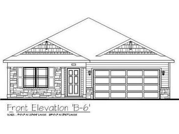 Detailed black and white front elevation of a home with stone accents, garage and covered entryway at 11330 N Greenthread Dr, Monrovia, IN 46157