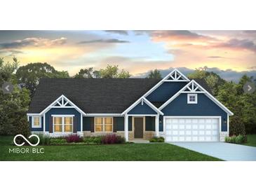 Charming single-story home showcasing a two car garage, dark blue siding, and beautiful lawn at 0 E 96Th St, Fishers, IN 46037
