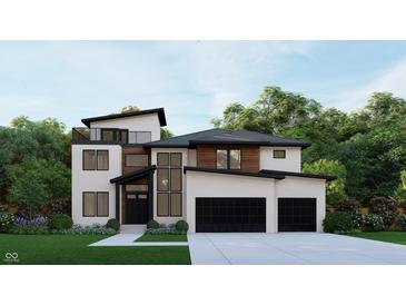 Stunning modern two-story home featuring sleek lines, a rooftop terrace, and a spacious three-car garage at 10990 Brooks School Rd, Fishers, IN 46037