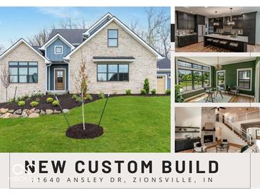 New construction home showcasing a beautifully landscaped yard and stone facade at 11640 Ansley Ct, Zionsville, IN 46077