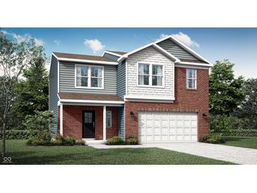 Charming two-story home with red brick and light blue siding, a covered porch, and a two-car garage at 2220 Foothill Dr, Greenfield, IN 46140
