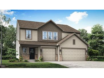 Charming two-story home with beige siding, brick accents, attached garage, and manicured lawn at 5846 Sunstone Rd, Indianapolis, IN 46239