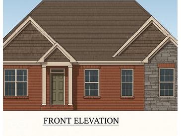 Charming front elevation featuring brick, stone accents, and a covered entrance at 6098 Horizon Dr, Columbus, IN 47201