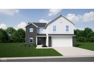 New two-story home featuring black and white siding, attached two-car garage, and professional landscaping at 1554 N Clearwater Dr, Greenfield, IN 46140