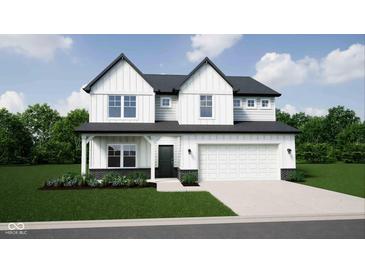 Charming two-story home with white siding, black accents, and a well-manicured lawn at 5692 Coulter Way, Greenwood, IN 46143