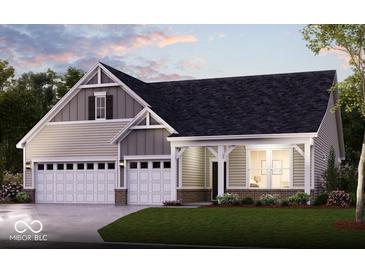 Charming home featuring a two-car garage, covered porch, and stylish architectural details at 6718 Thresher Pass, McCordsville, IN 46055