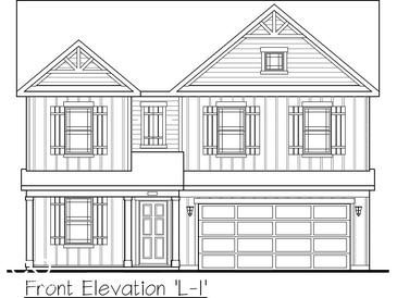 Illustration of a home's front elevation with a two-car garage and symmetrical design at 1656 Winn Ct, Fortville, IN 46040