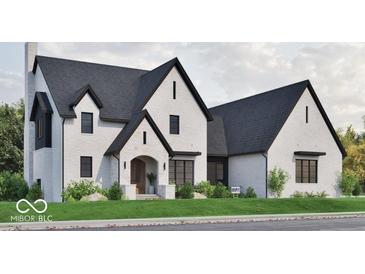 Charming white brick home with a dark roof and black trim, complemented by lush green landscaping at 5488 Stonewood Ct, Bargersville, IN 46106