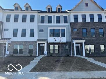 View of townhomes showing architectural details and neutral color schemes at 10959 Belgian Ln, Zionsville, IN 46077