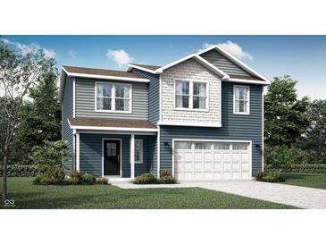 Two-story home with blue siding, white trim, attached garage, and well-manicured front lawn at 11833 Vale St, Indianapolis, IN 46235