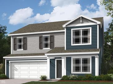Charming two-story home with a two-car garage, classic shuttered windows, and stylish blue and gray siding at 11307 N Greenthread Dr, Monrovia, IN 46157
