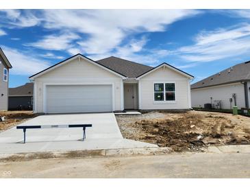 Charming one-story home with white siding, a two-car garage, and a well-manicured lawn at 11315 N Quillow Way, Monrovia, IN 46167