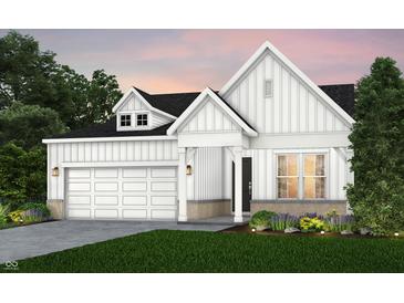 Charming modern farmhouse featuring white siding, stone accents, and a two-car garage at 13355 Seven Springs Ln, Noblesville, IN 46060