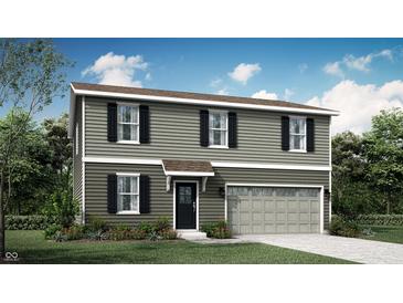 Charming two-story home with neutral siding, black shutters, landscaped yard, and attached two car garage at 11820 Vale St, Indianapolis, IN 46235