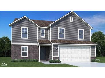 Charming two-story home featuring gray siding, brick accents, and a two-car garage at 1614 N Clearwater Dr, Greenfield, IN 46140