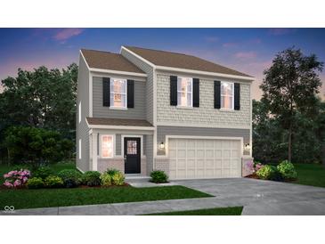 Charming two-story home with a well-manicured lawn, gray siding, black shutters and an attached garage at 4518 Laughter Ln, Indianapolis, IN 46235