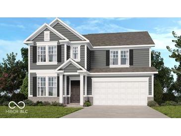 Charming two-story home with gray siding, black shutters, and a two-car garage at 379 N Post Oak Dr, Mooresville, IN 46158