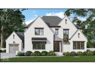 Charming two-story home with white brick, black window frames, and beautiful landscaping at 1713 Deer Creek Way, Columbus, IN 47201