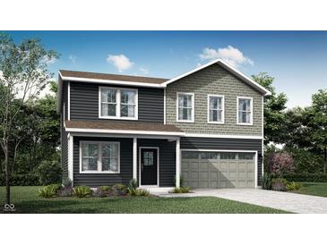 Charming two-story home featuring gray siding, a covered front porch, and an attached two-car garage at 11912 Vale St, Indianapolis, IN 46235