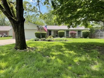 Charming single-story home with mature trees, landscaped yard, and American flag waving proudly at 8206 Bull Run Ct, Indianapolis, IN 46227