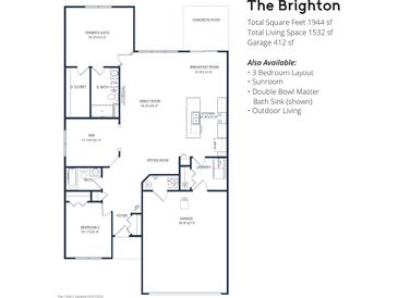 Brighton floor plan featuring a great room, kitchen with a breakfast room, den, and owner's suite at 19584 Atwater Ave, Sheridan, IN 46069