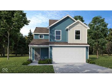 Charming two-story home featuring blue siding, a two-car garage, and a well-manicured lawn at 1105 Lona Dr, Martinsville, IN 46151