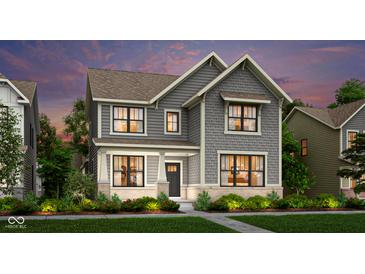 Beautiful two-story home with gray siding, black trim windows, and professionally landscaped front yard at 15360 Cardonia Rd, Fishers, IN 46037