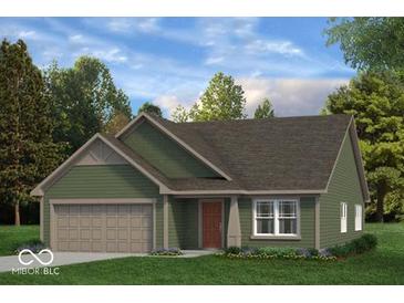 Charming single-story home with an attached garage, green siding and well-maintained landscaping at 469 Hidden Hills Way, Pittsboro, IN 46167