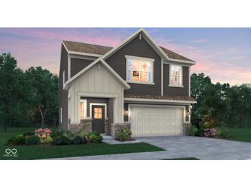 Charming two-story home with gray siding, a covered porch, and a two-car garage at 19812 Moorpark Lndg, Noblesville, IN 46062