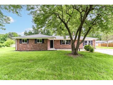 Charming single-story brick home with a well-manicured lawn and shade tree at 12029 Meadow Ln, Indianapolis, IN 46236