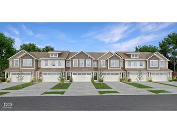 New construction townhomes featuring three-car garages, multiple stories, and neutral colors at 15219 Farrington Way, Fishers, IN 46037