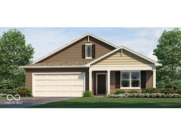 Charming single-story home with a neutral color palette, attached garage, and well-manicured lawn at 3292 W Longbranch Dr, Monrovia, IN 46157