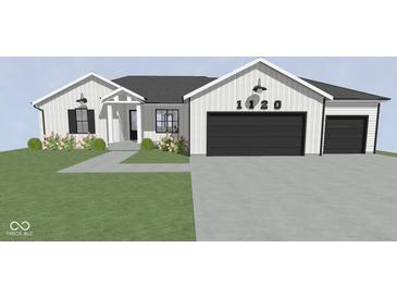 Charming exterior elevation featuring black garage doors and a well-manicured lawn at 1120 Terrace Lake Rd, Columbus, IN 47201