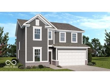 Charming two-story home with gray siding, white trim, and an attached two-car garage at 2151 Bear Oak Way, Shelbyville, IN 46176