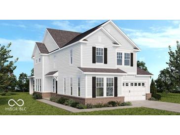 Charming two-story home showcasing white siding, black shutters, and a well-manicured lawn at 16067 Meadow Frost Ct, Fishers, IN 46037